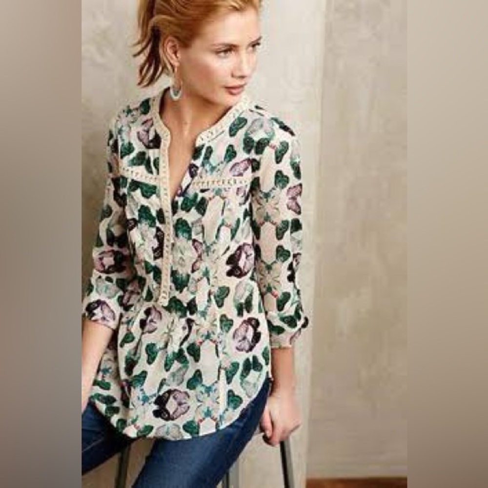 Anthropologie Butterfly Print "Abella" Popover Shirt size 0